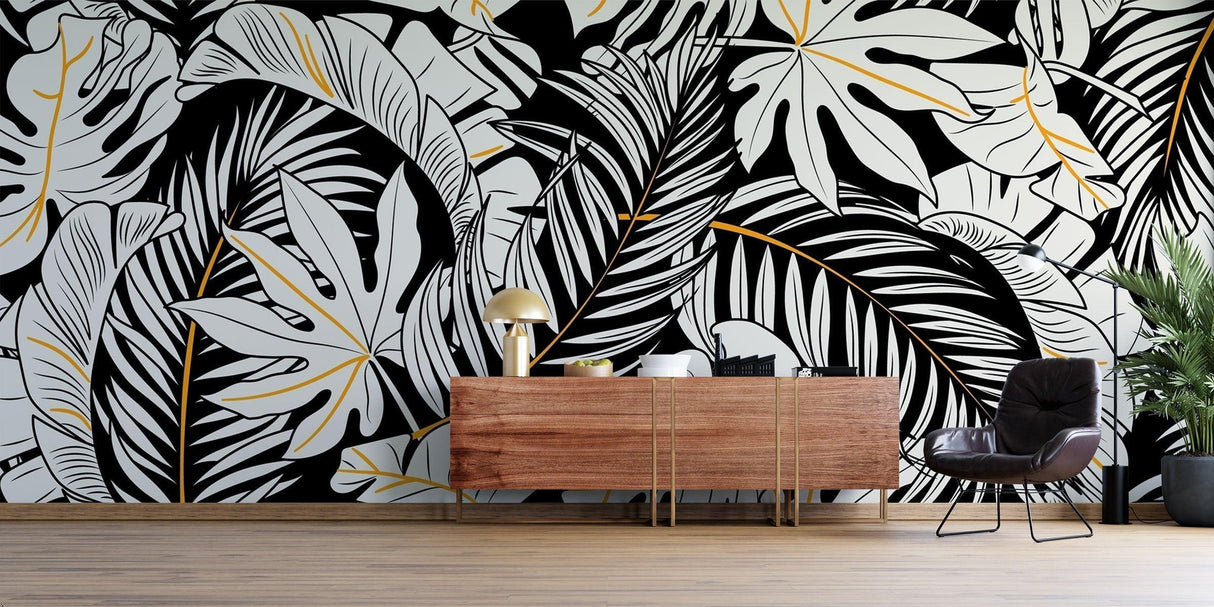 Papier Peint Mural Tropical | Monstera Noir et Blanc avec Accents Dorés