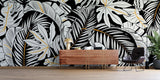 Papier Peint Mural Tropical | Monstera Noir et Blanc avec Accents Dorés