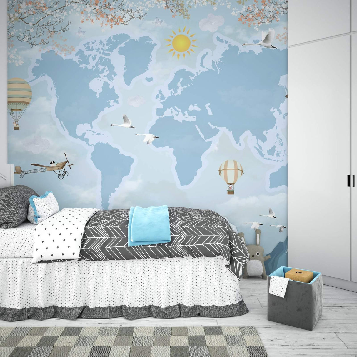 World Map Mural Wallpaper | Adventure Theme with Hot Air Balloons