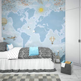 World Map Mural Wallpaper | Adventure Theme with Hot Air Balloons