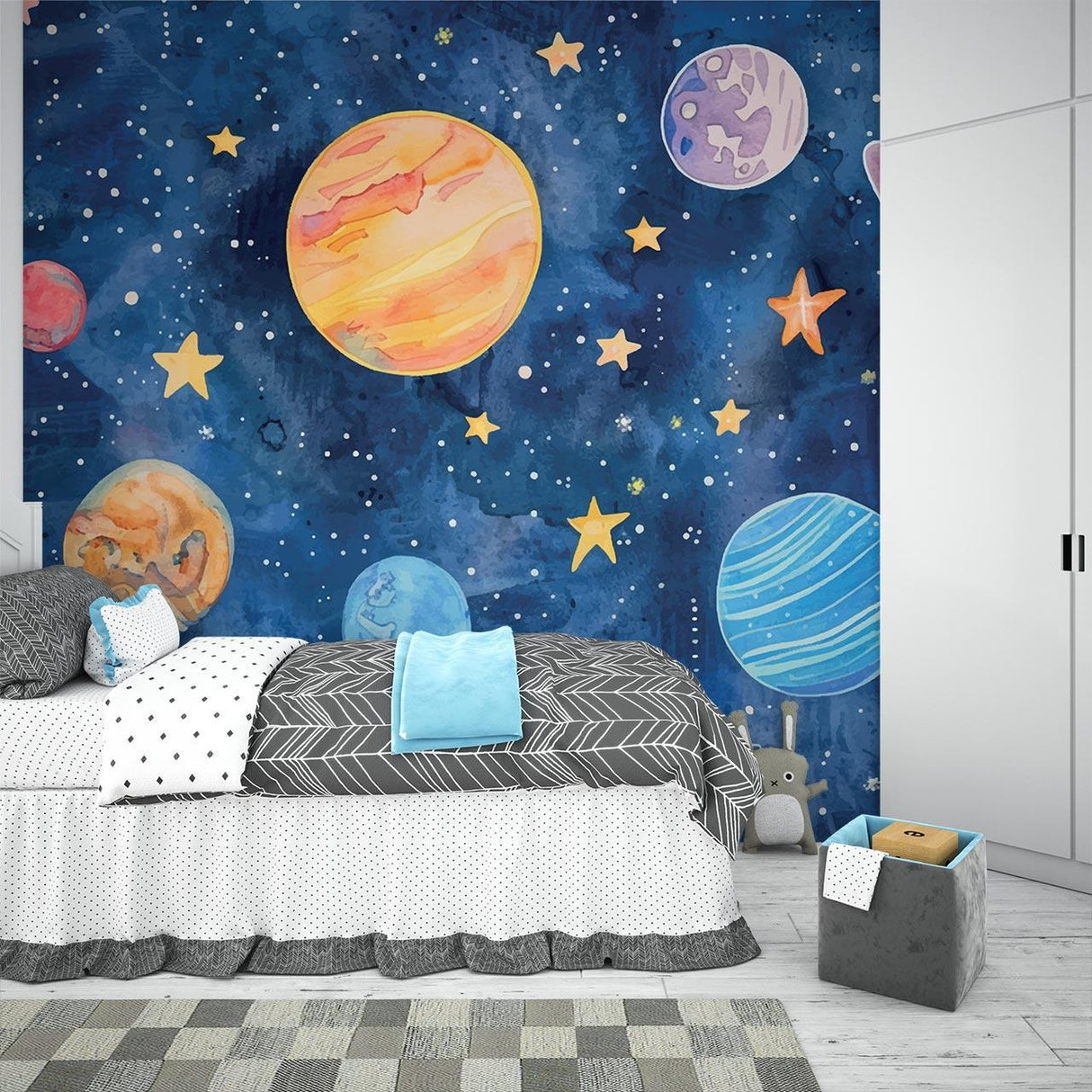 Space Mural Wallpaper | Watercolor Planets and Stars Galaxy