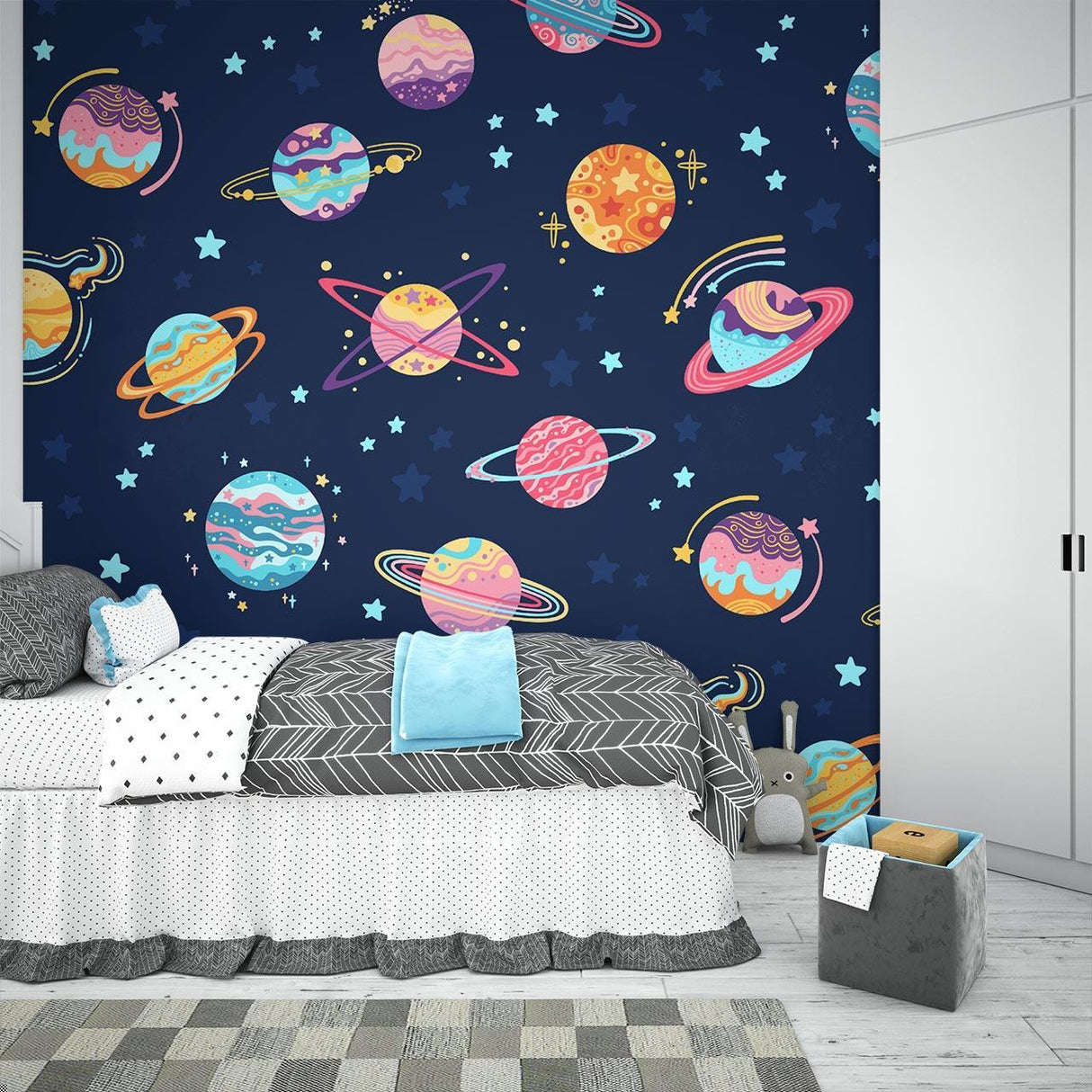 Space Mural Wallpaper | Colorful Planets and Stars Design