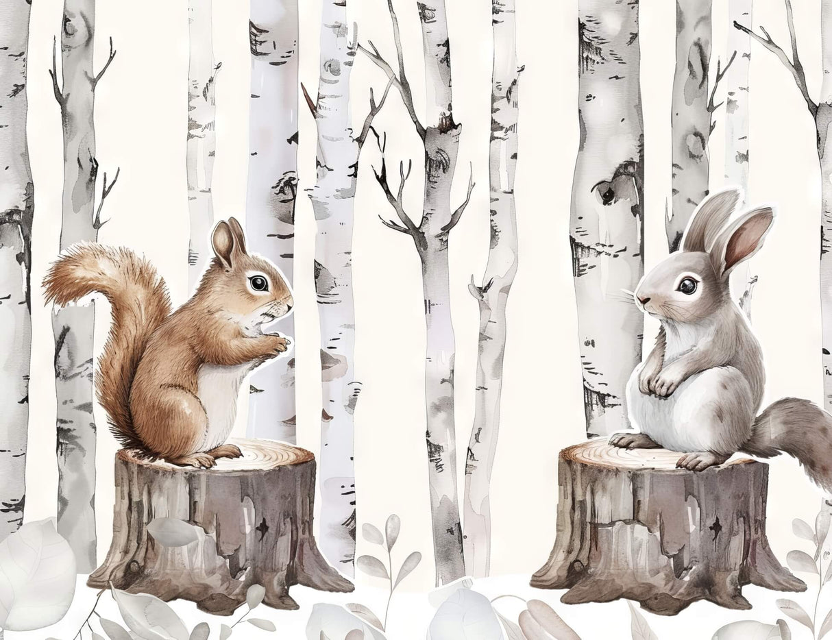 Forest Animals Mural Wallpaper | Bunny and Squirrel with Birch Trees