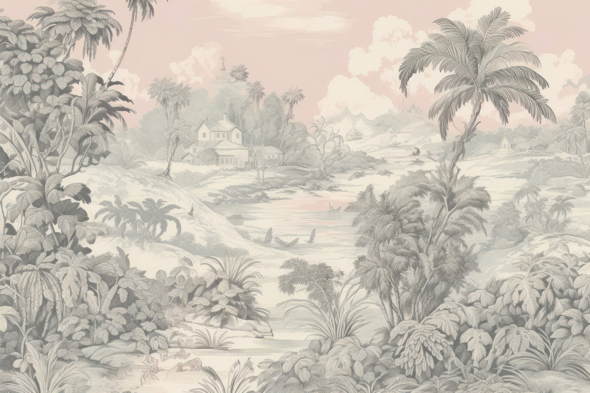 Tropical Mural Wallpaper | Vintage Palm Trees Landscape in Beige