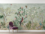 Birds Mural Wallpaper | Exotic Garden with Pink Flowers