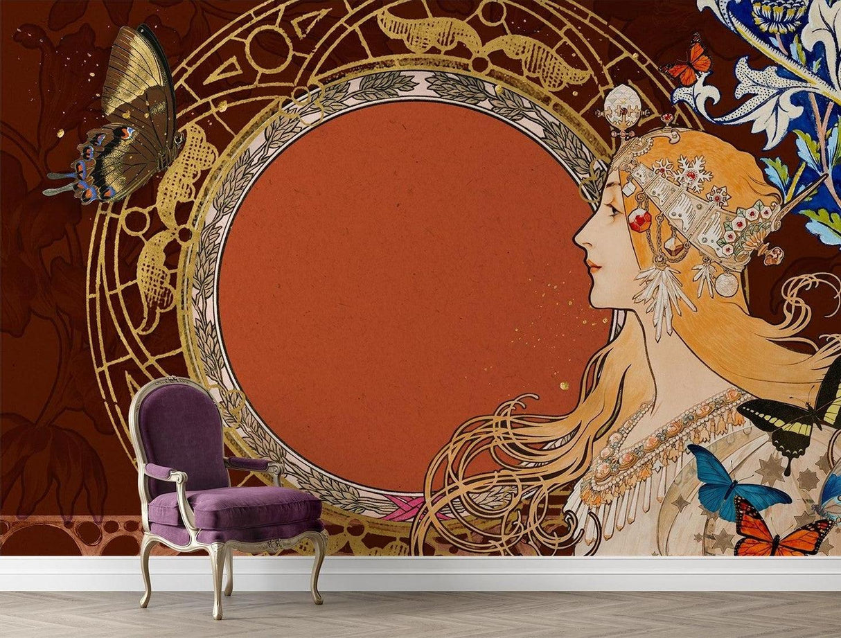 Art Nouveau Mural Wallpaper | Vintage Butterfly and Gold Design