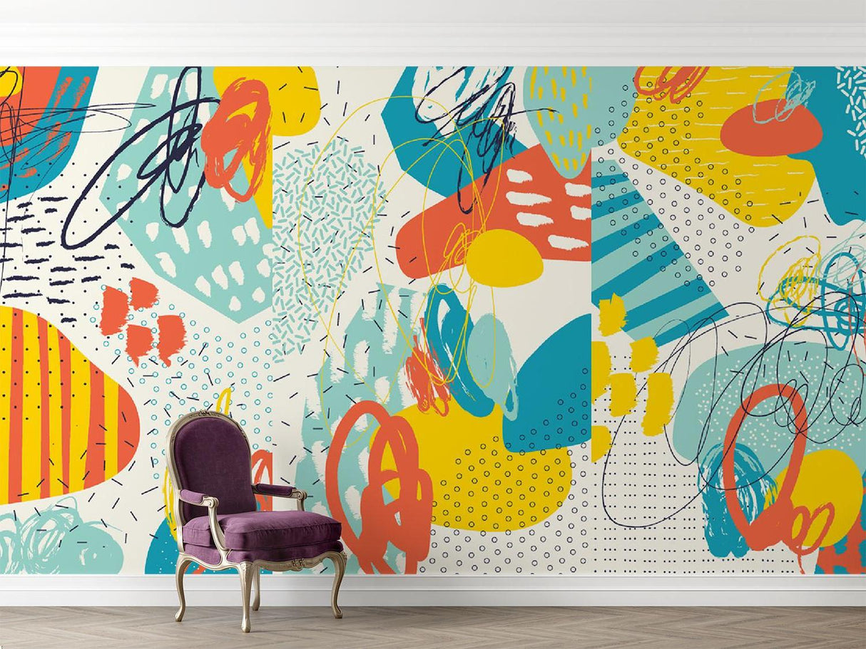 Abstract Mural Wallpaper | Modern Geometric Art in Teal and Yellow
