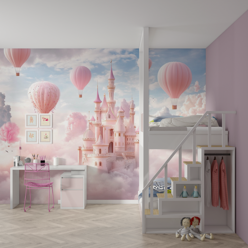 Princess Castle Mural Wallpaper | Pink Hot Air Balloons Fantasy