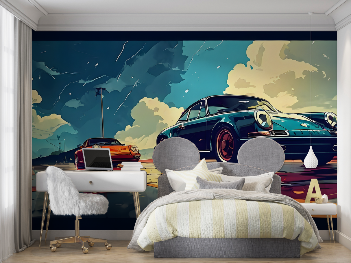 Sports Car Mural Wallpaper | Vintage Porsche Art Design