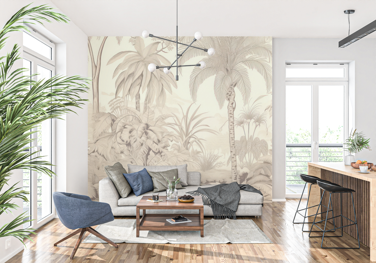 Tropical Mural Wallpaper | Beige Palm Trees and Nature Scene