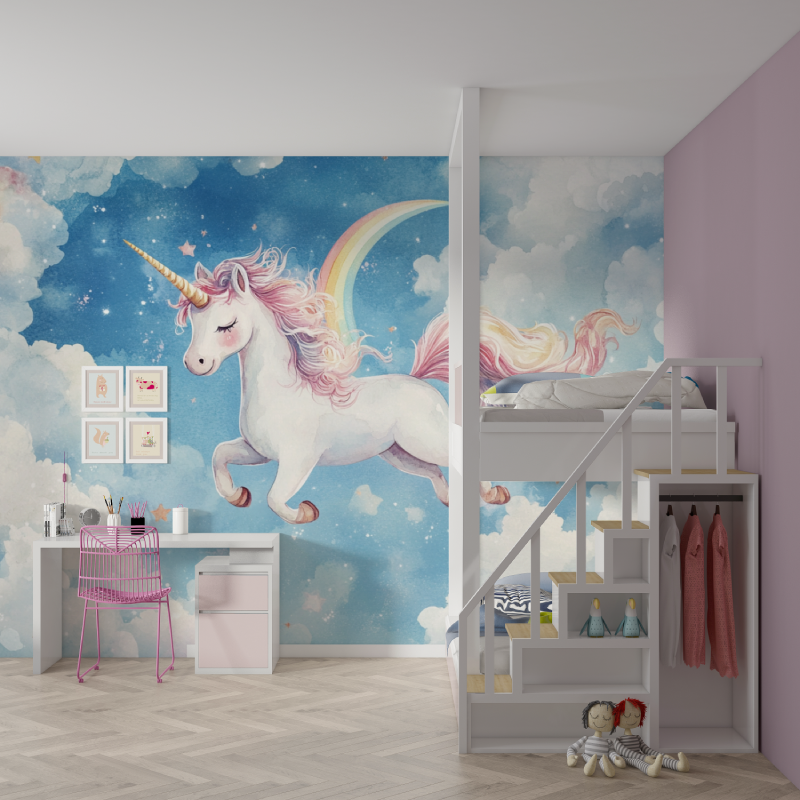 Unicorn Mural Wallpaper | Magical Rainbow and Stars Design