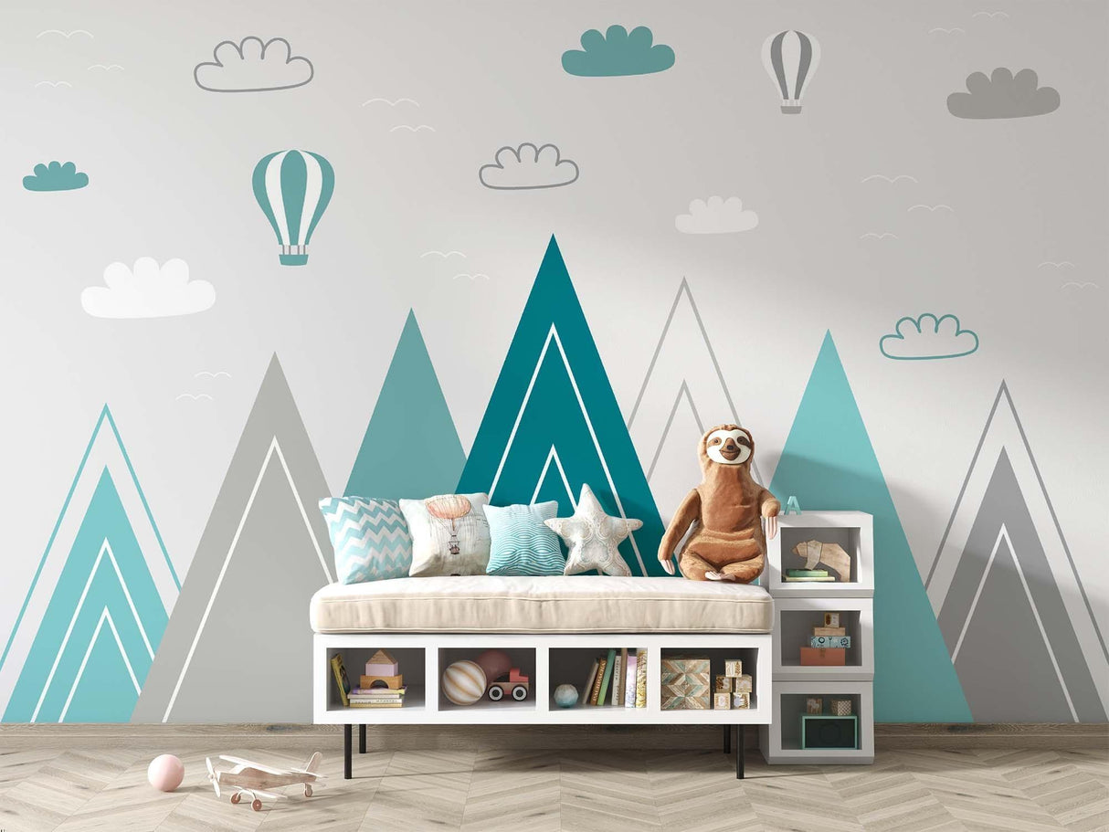 Mountain Mural Wallpaper | Turquoise Peaks with Hot Air Balloons