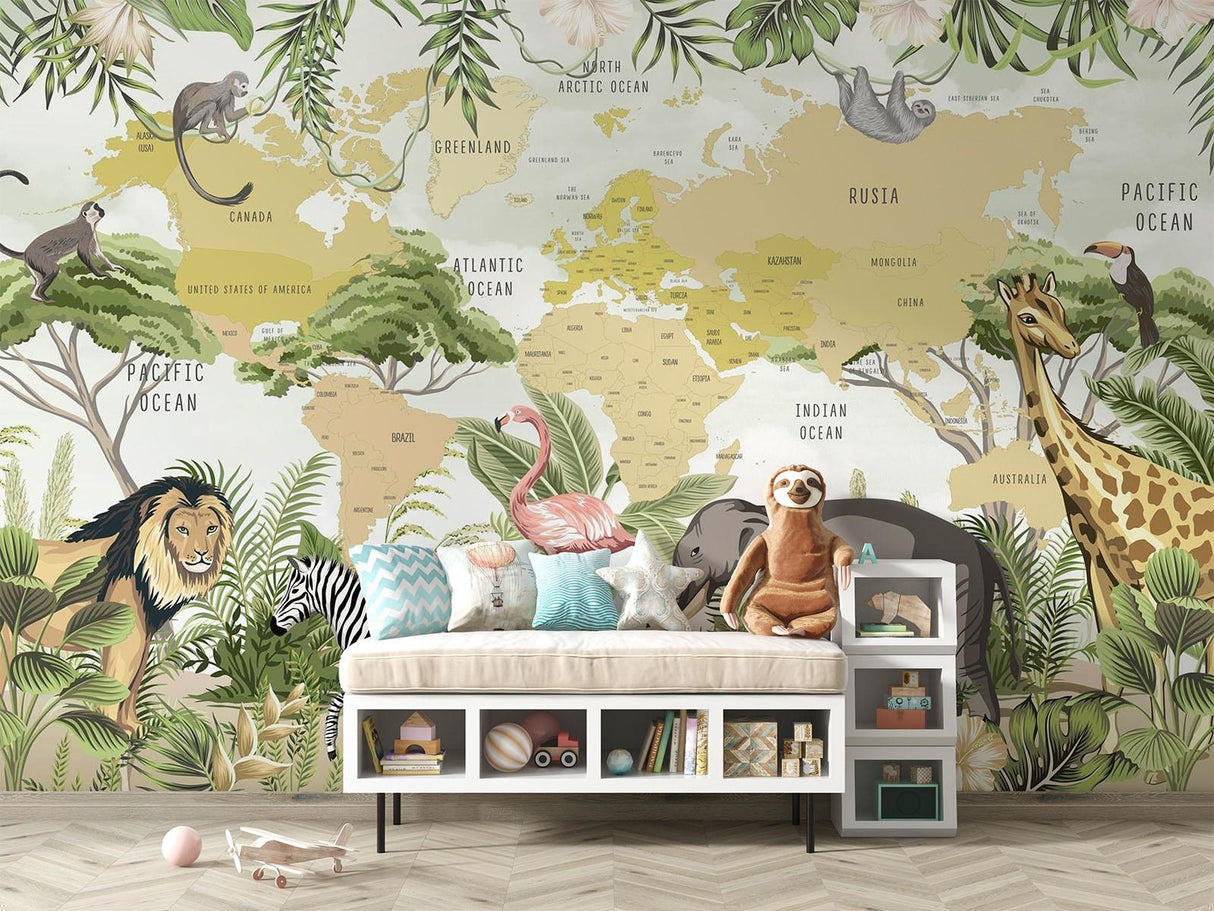 Safari Animals Mural Wallpaper | World Map with Jungle Wildlife