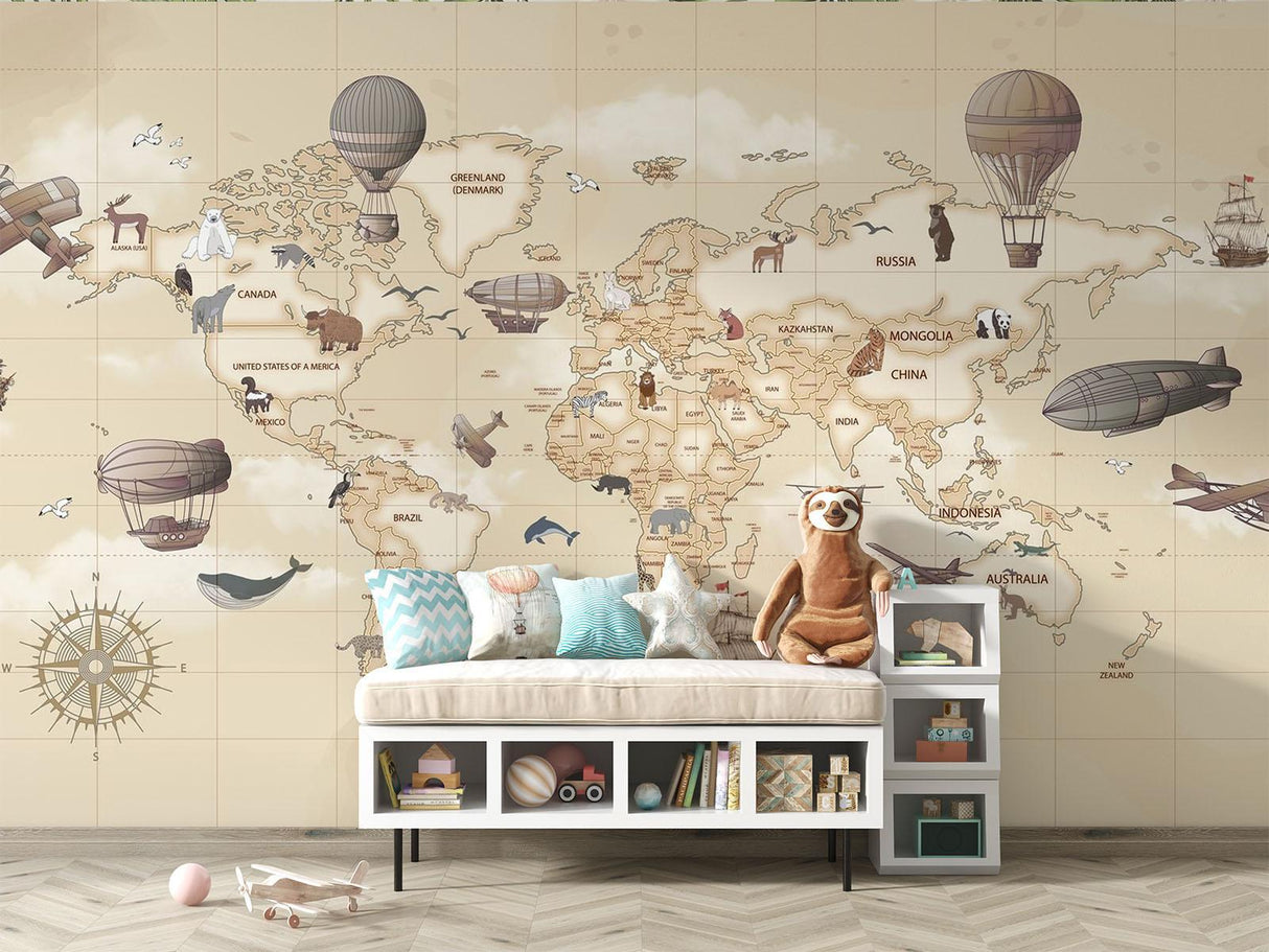 Papier Peint Mural Carte du Monde | Thème Aventure Vintage avec Montgolfières