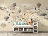 Papier Peint Mural Carte du Monde | Thème Aventure Vintage avec Montgolfières