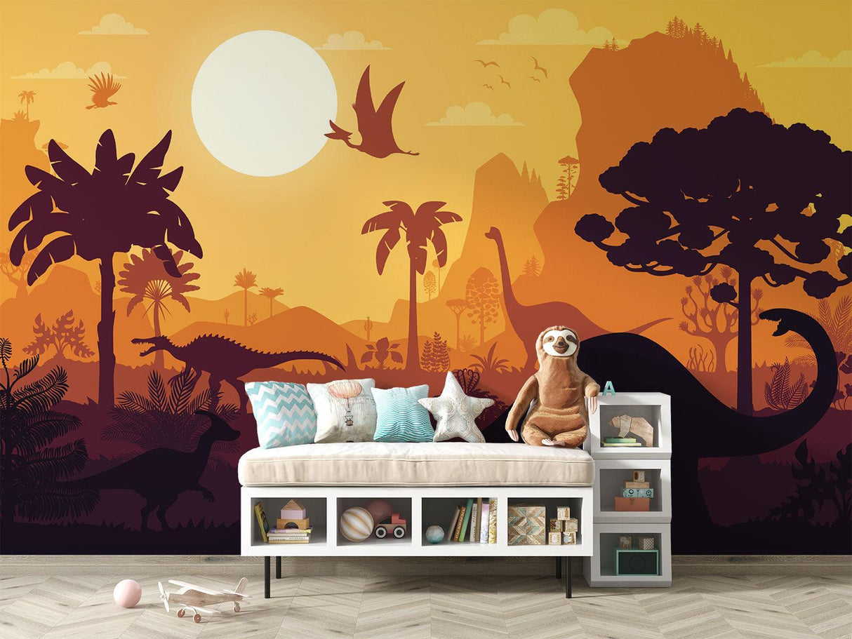 Dinosaurier Tapete | Prähistorische Sonnenuntergangslandschaft