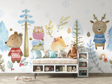 Forest Animals Mural Wallpaper | Winter Woodland with Cozy Sweaters