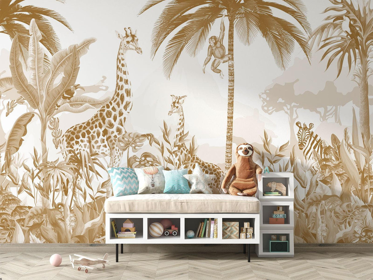 Papier Peint Mural Safari | Design Animaux de la Jungle Dorée