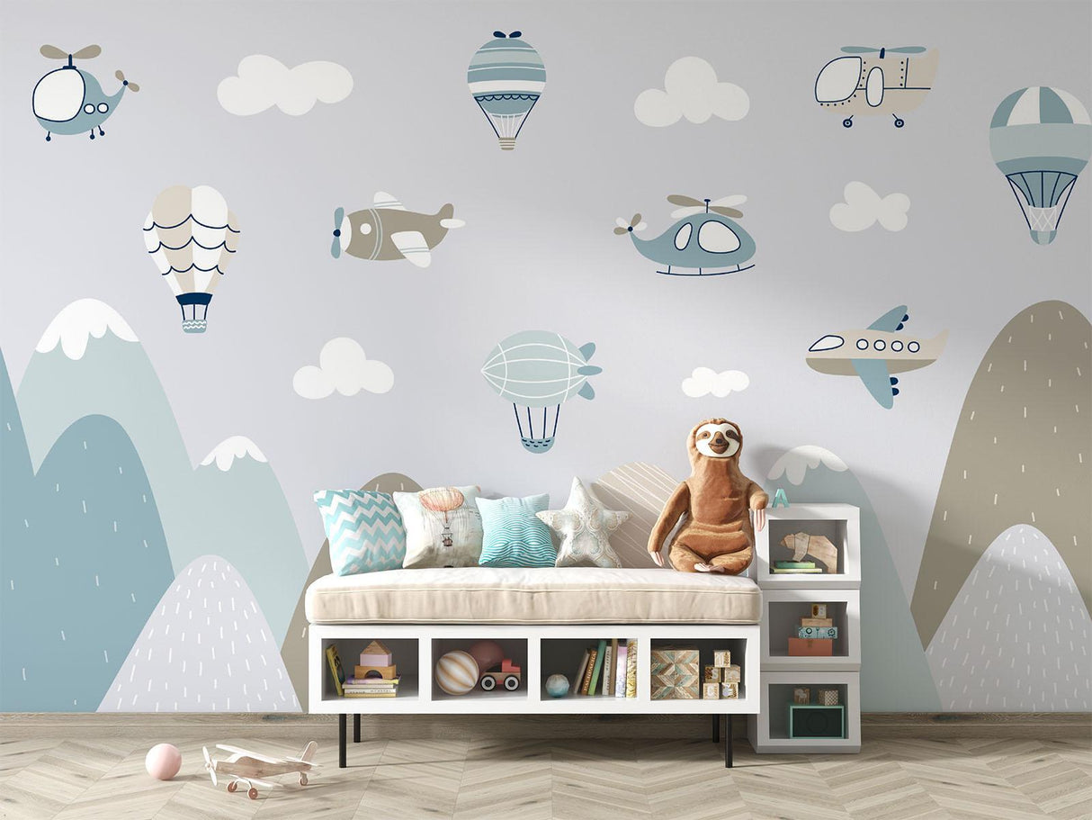 Sky Adventure Mural Wallpaper | Mountain Landscape with Aircraft Design