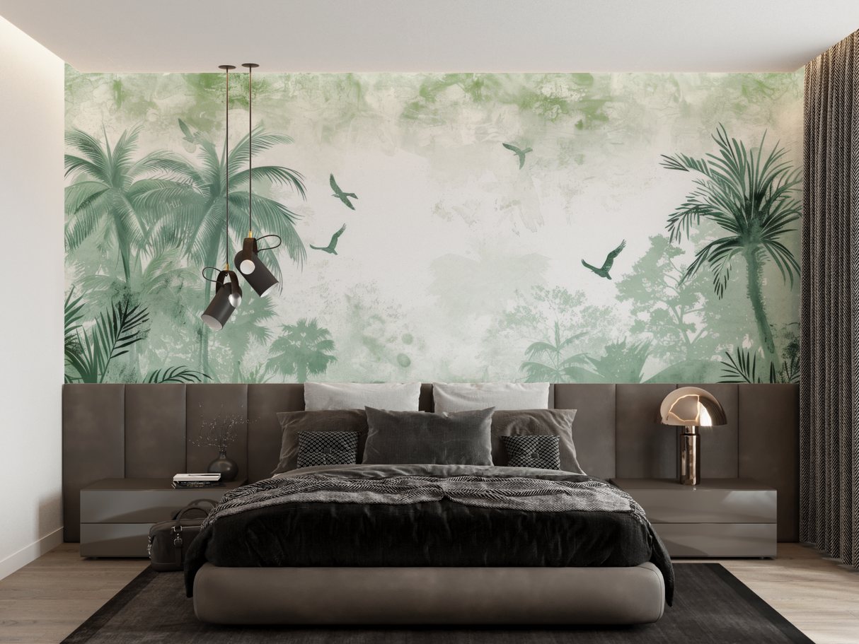 Tropical Mural Wallpaper | Misty Green Palm Paradise