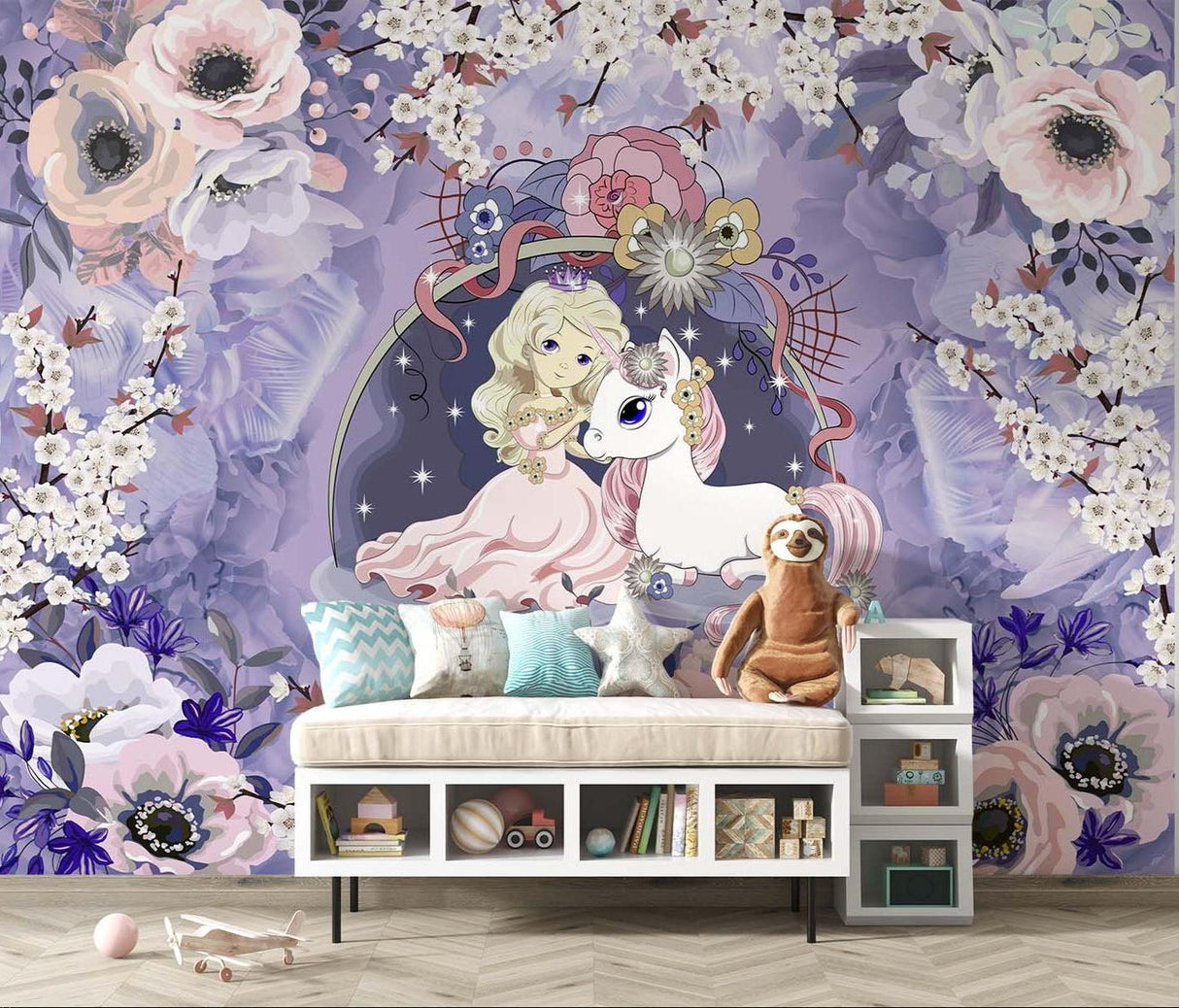Princess Mural Wallpaper | Magical Unicorn With Cherry Blossoms