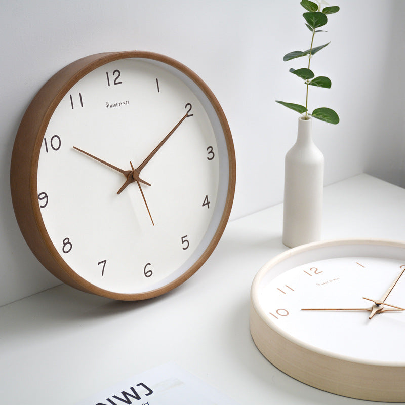 Minimalist Wall Clock  Natural Wood Frame with Rose Gold Numbers - Detailed view
