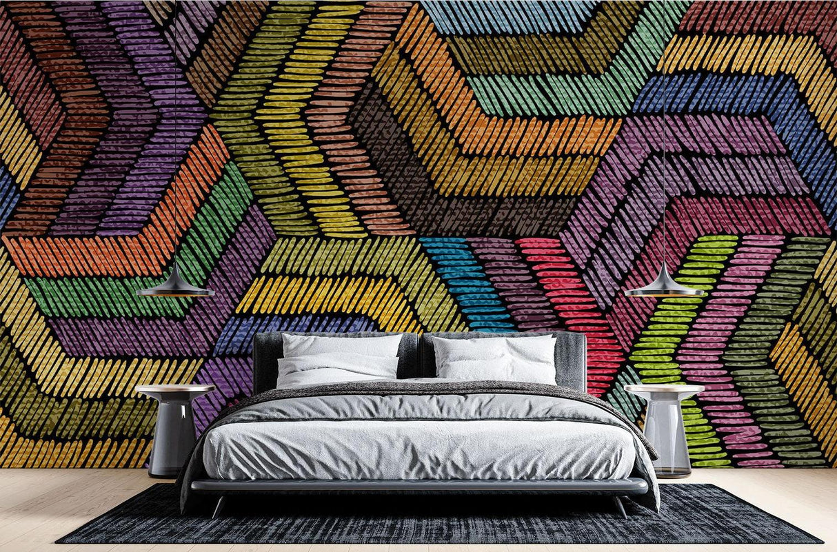 Geometric Mural Wallpaper | Colorful Rainbow Chevron Pattern