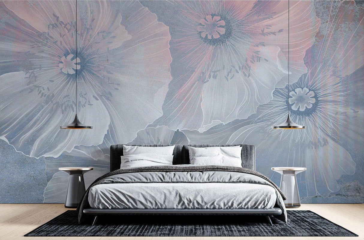 Floral Mural Wallpaper | Ethereal Blue and Pink Poppies