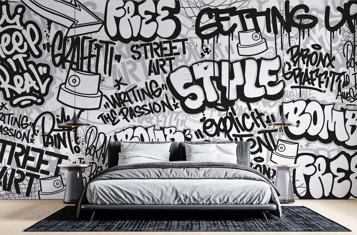 Graffiti Mural Wallpaper | Urban Black and White Street Art