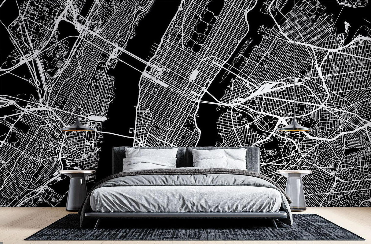 City Map Mural Wallpaper | Modern Black and White Urban Design