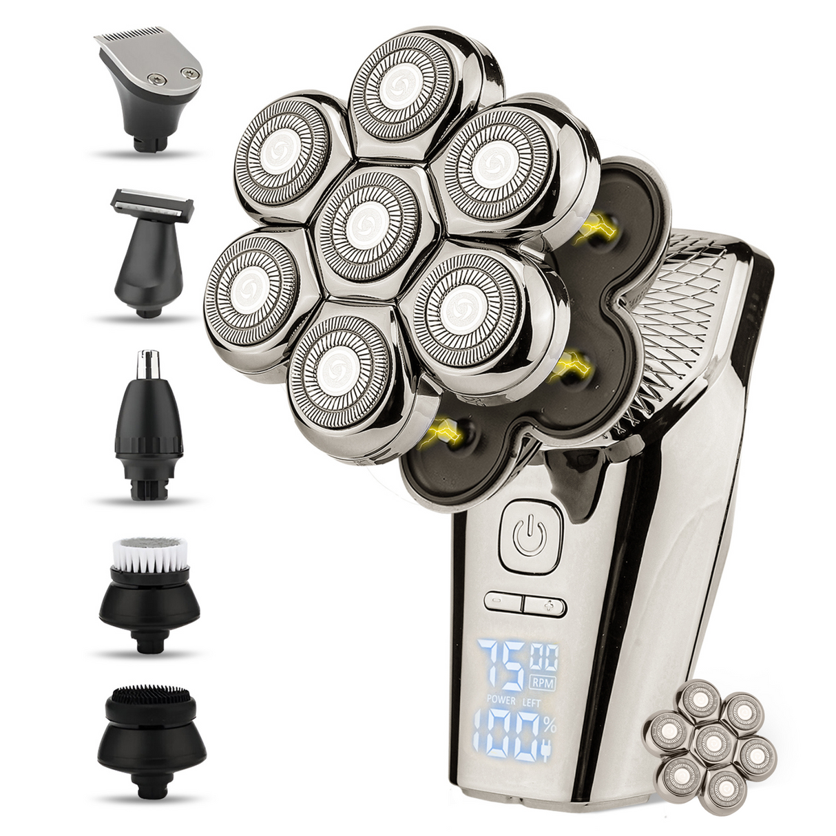 Electric Head Shaver  7-Head Rotary System With Attachments - Product showcase