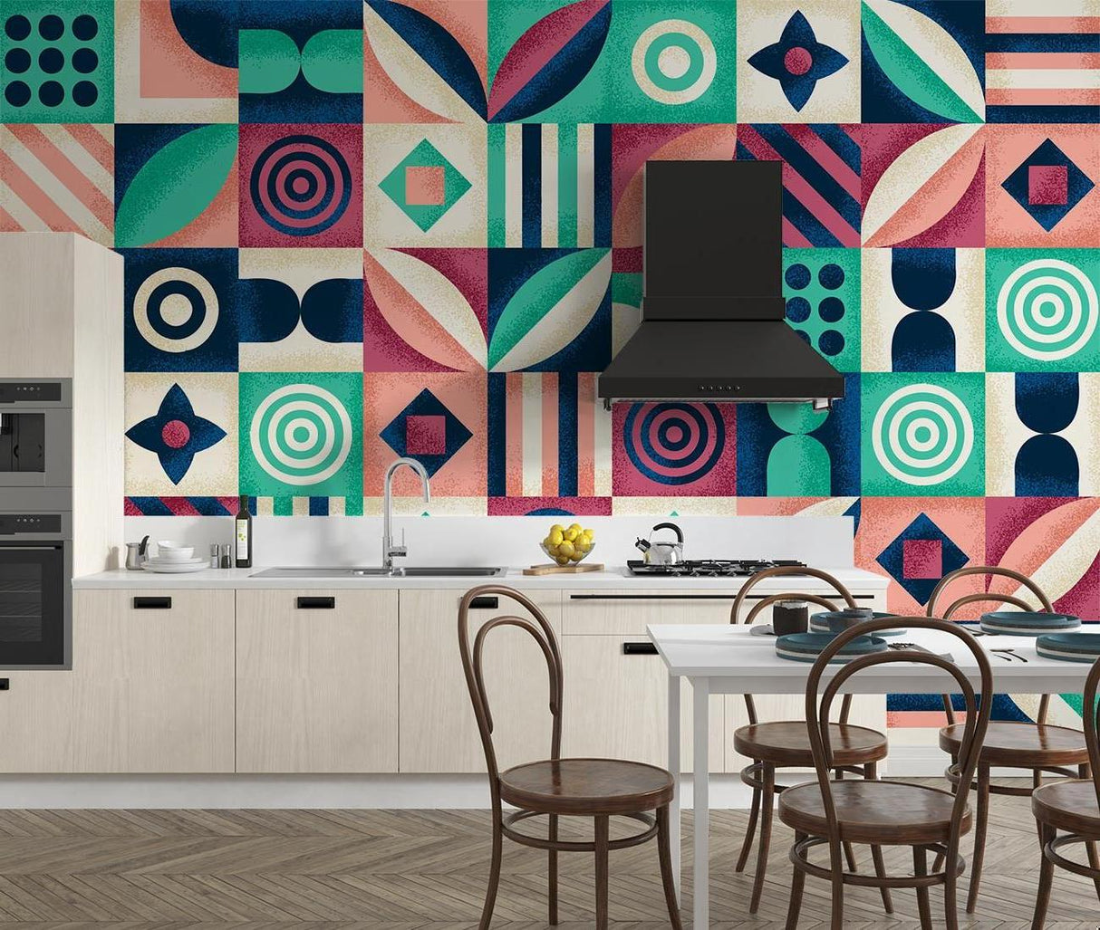 Geometric Mural Wallpaper | Modern Art Deco Pattern in Pink and Green