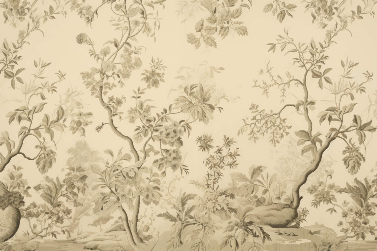 Floral Mural Wallpaper | Vintage Beige Toile de Jouy Pattern