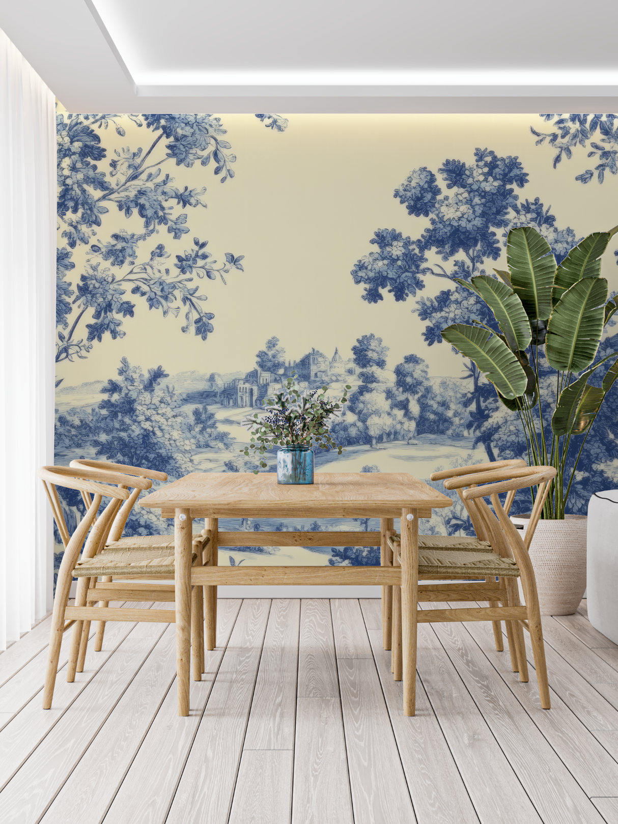 French Toile Mural Wallpaper | Blue Pastoral Landscape Design