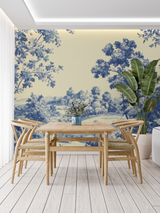 French Toile Mural Wallpaper | Blue Pastoral Landscape Design