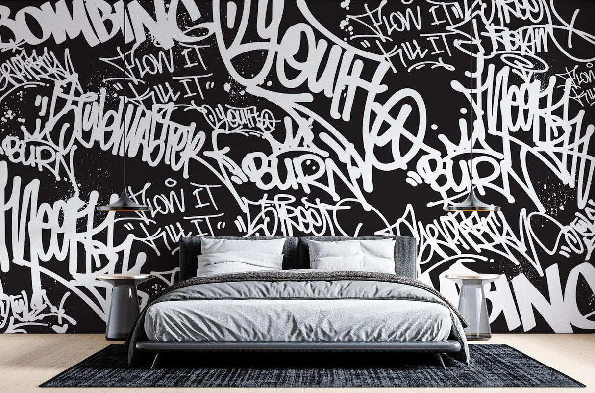 Graffiti Mural Wallpaper | Urban Black and White Street Art