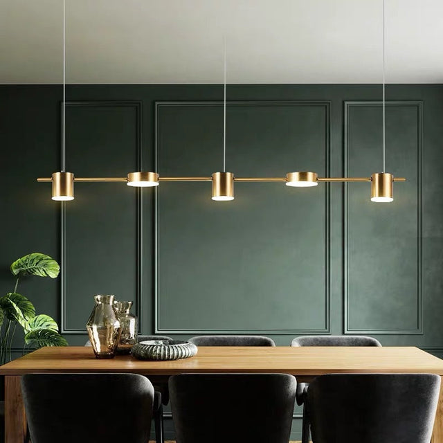 Modern Linear Pendant Light  Brass Drum Shade Design - Product showcase