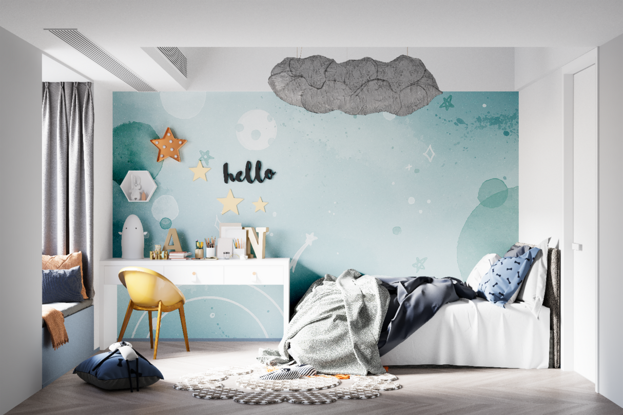 Space Kids Mural Wallpaper | Celestial Blue Galaxy Design