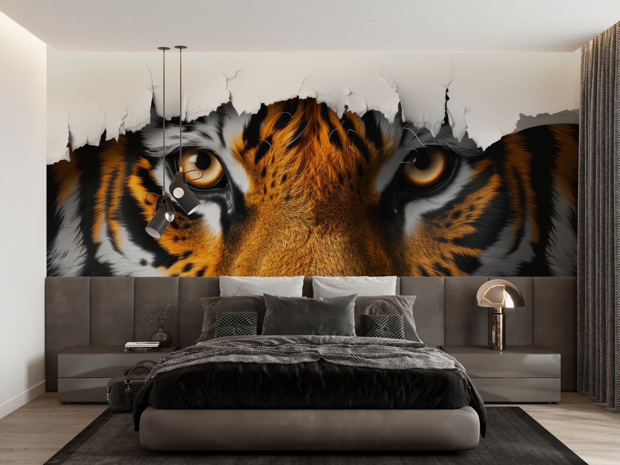 Tiger Mural Wallpaper | 3D Eyes Breaking Through Wall