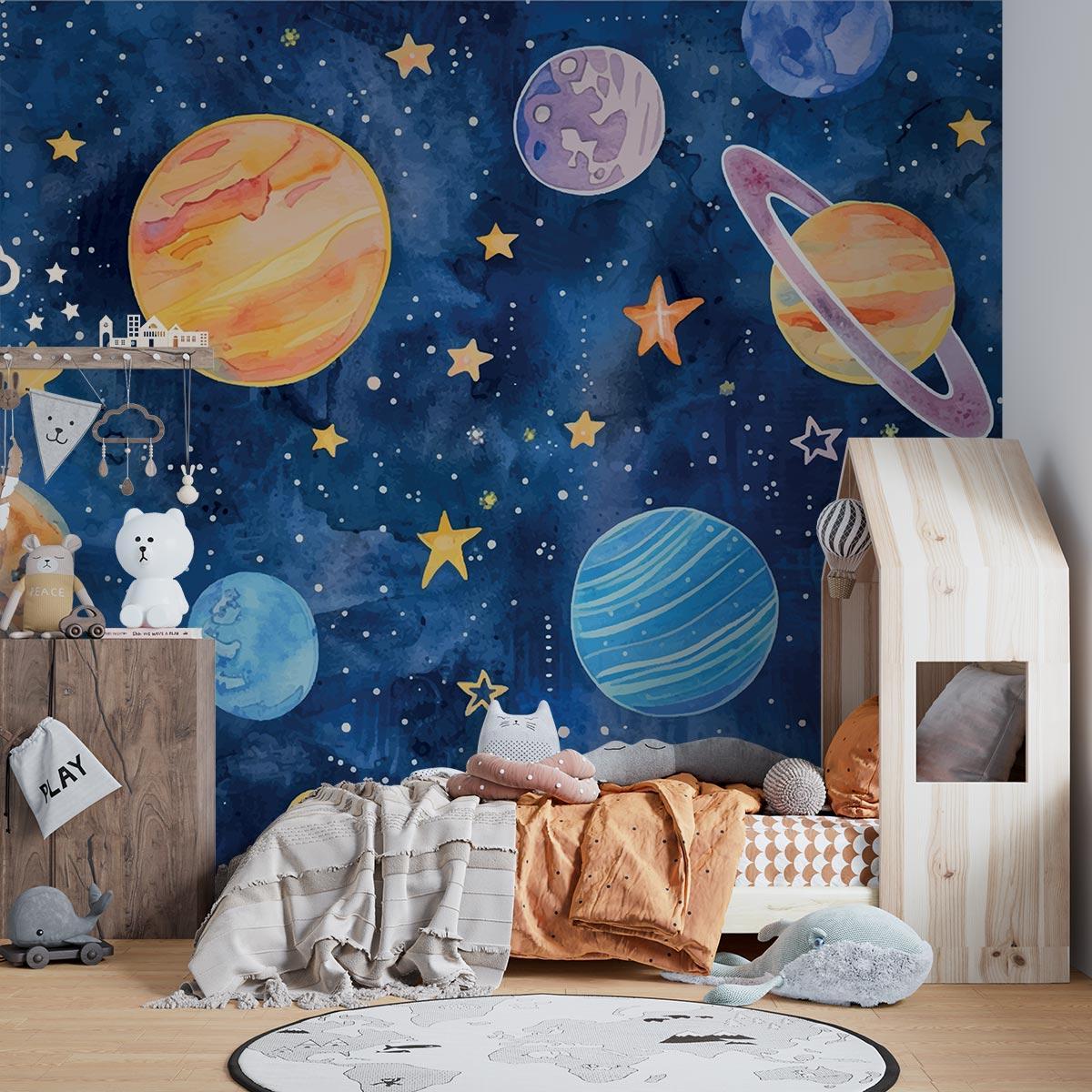 Space Mural Wallpaper | Watercolor Planets and Stars Galaxy