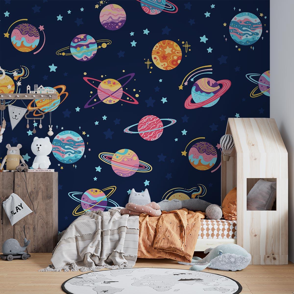 Space Mural Wallpaper | Colorful Planets and Stars Design