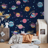 Space Mural Wallpaper | Colorful Planets and Stars Design