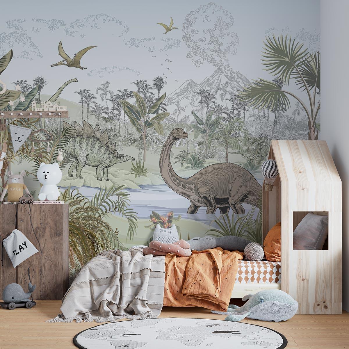 Dinosaur Mural Wallpaper | Jurassic Tropical Paradise Scene