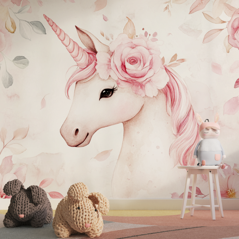 Unicorn Mural Wallpaper | Pink Roses and Watercolor Design