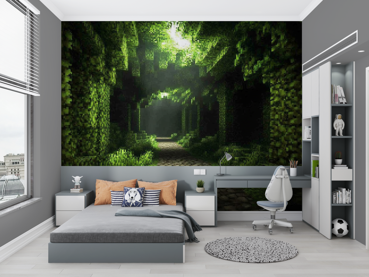 Forest Mural Wallpaper | Pixelated Green Valley Design