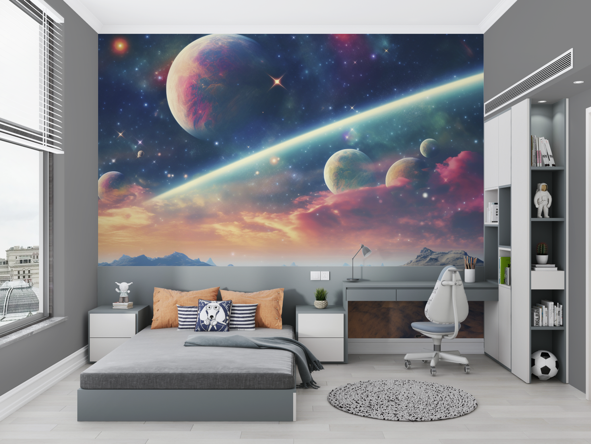 Space Mural Wallpaper | Cosmic Nebula With Planets
