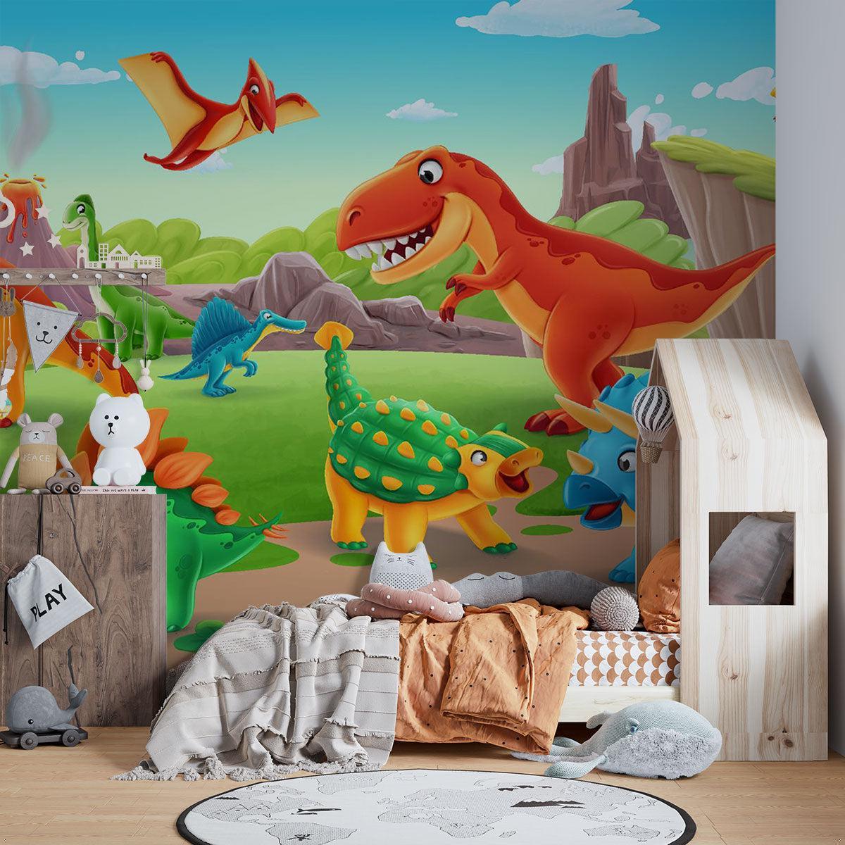 Dinosaurier Tapete | Bunte prähistorische Abenteuerszene