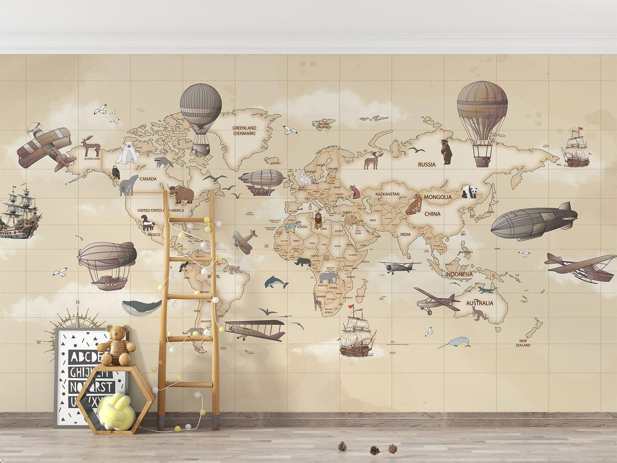 Papier Peint Mural Carte du Monde | Thème Aventure Vintage avec Montgolfières