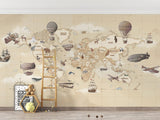 Papier Peint Mural Carte du Monde | Thème Aventure Vintage avec Montgolfières