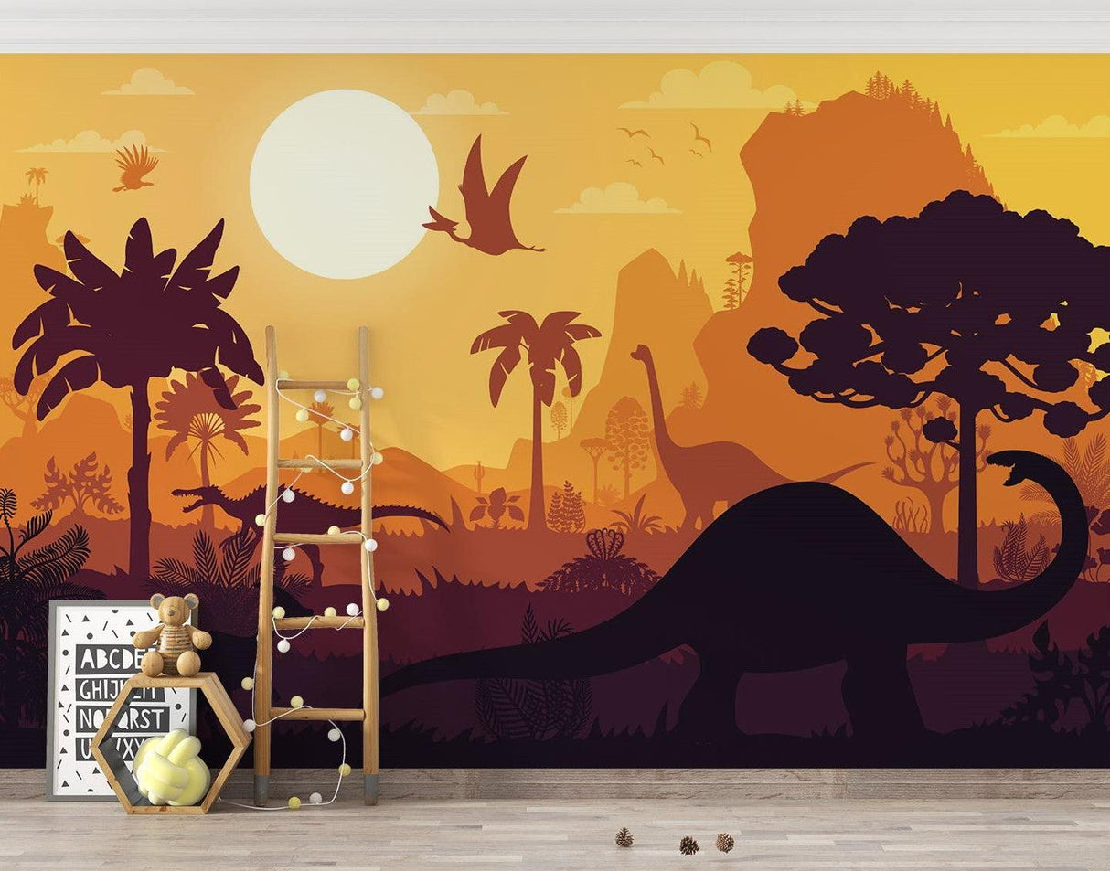 Dinosaurier Tapete | Prähistorische Sonnenuntergangslandschaft